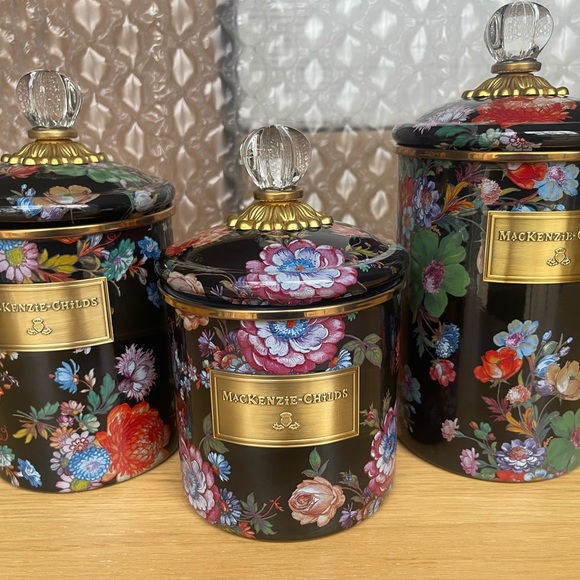 RETIRED & low stock MacKenzie-Childs Black Floral Canister set of 3 in a box - Picture 11 of 11